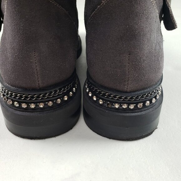 Vince Camuto Bobette Biker Boot Womens 9 Gray Suede Buckles Chunky Combat Stud - Picture 12 of 13